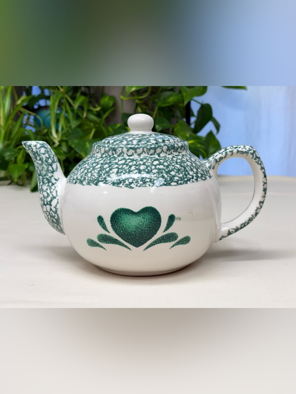 Vintage Corelle Coordinates Green Country Heart Ceramic Teapot Spongeware
